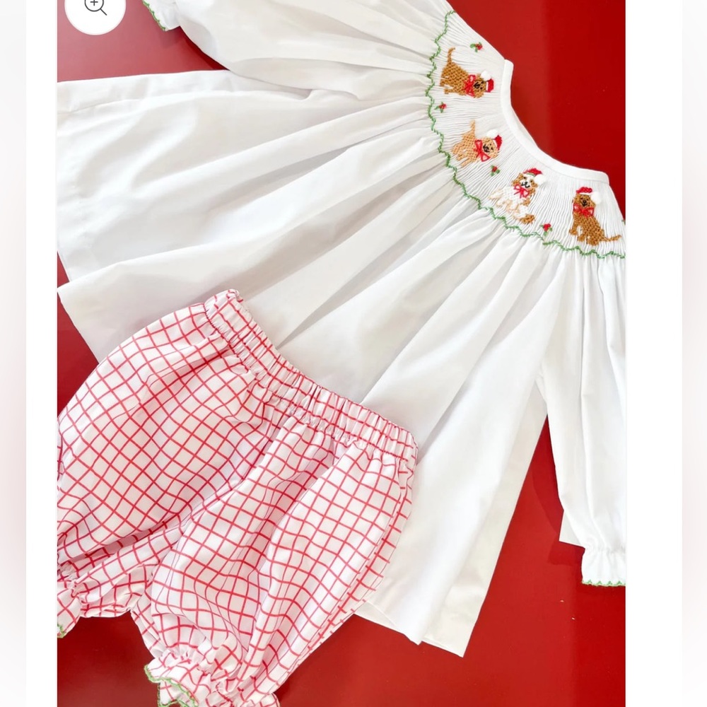 LULU BEBE Smocked Christmas Dog Bloomer Set | sz 18 mo